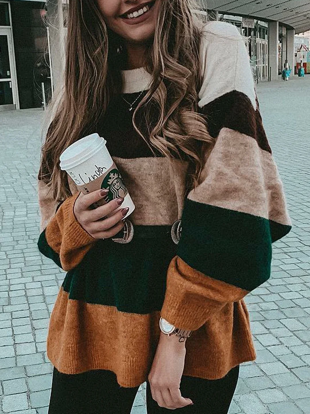 Stripes Long Sleeve Crew Neck Vintage Sweaters