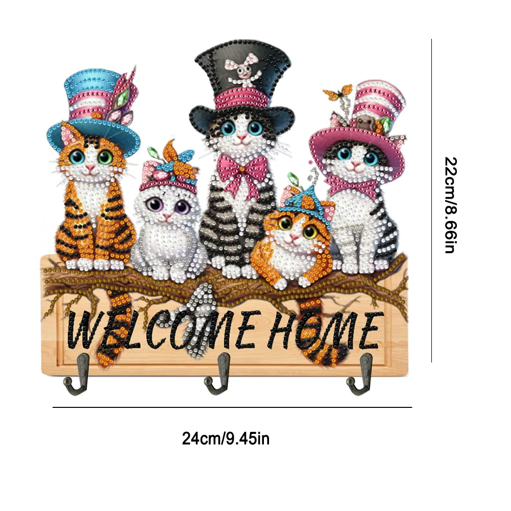 DIY Welcome Home Cat Wooden Special Shape 3 Hooks No Punch Diamond Painting Hook Rail