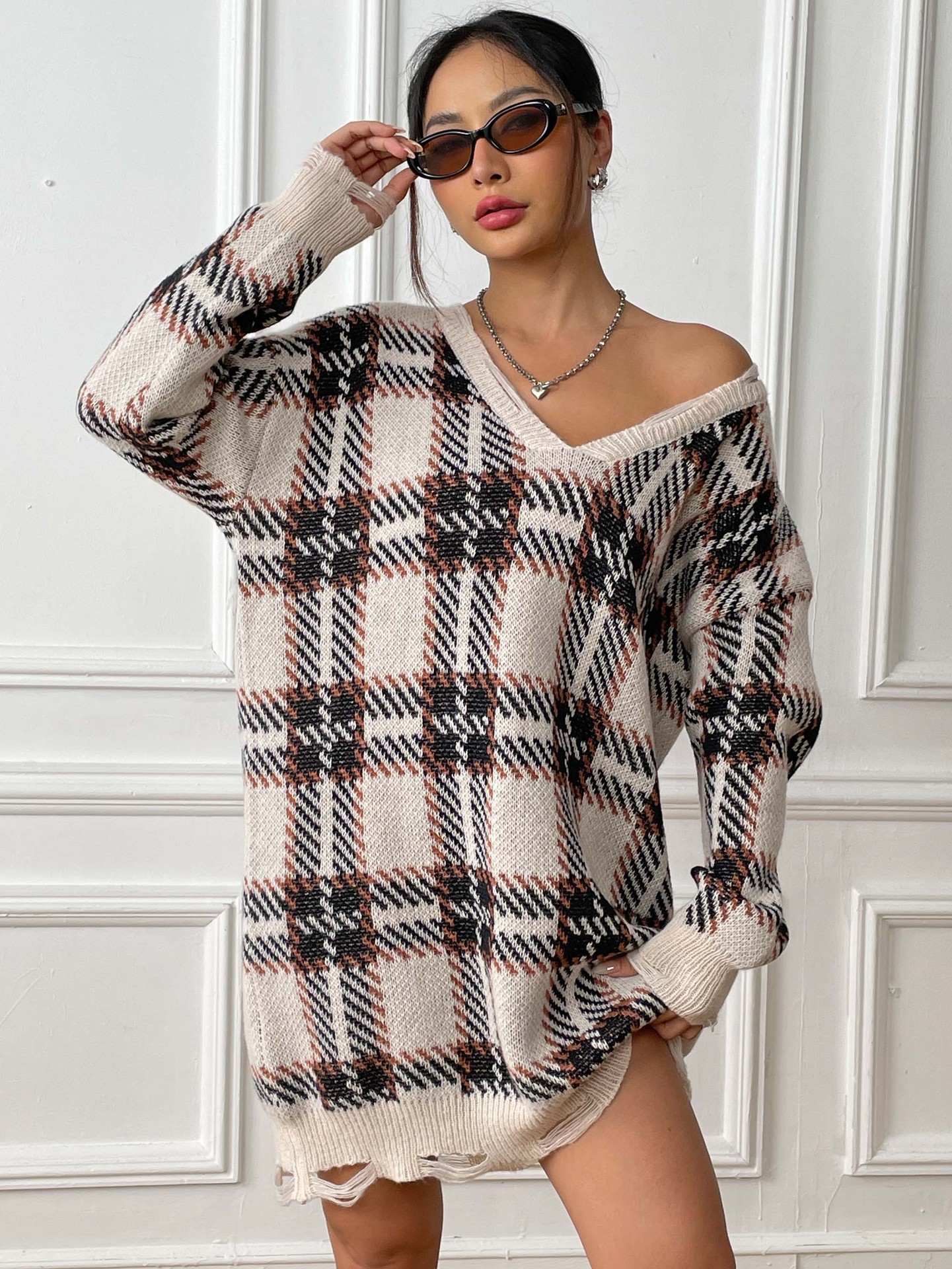 Mature Women Fashion V-neck Plaid Dress Casual Loose Dresses Autumn And Winter