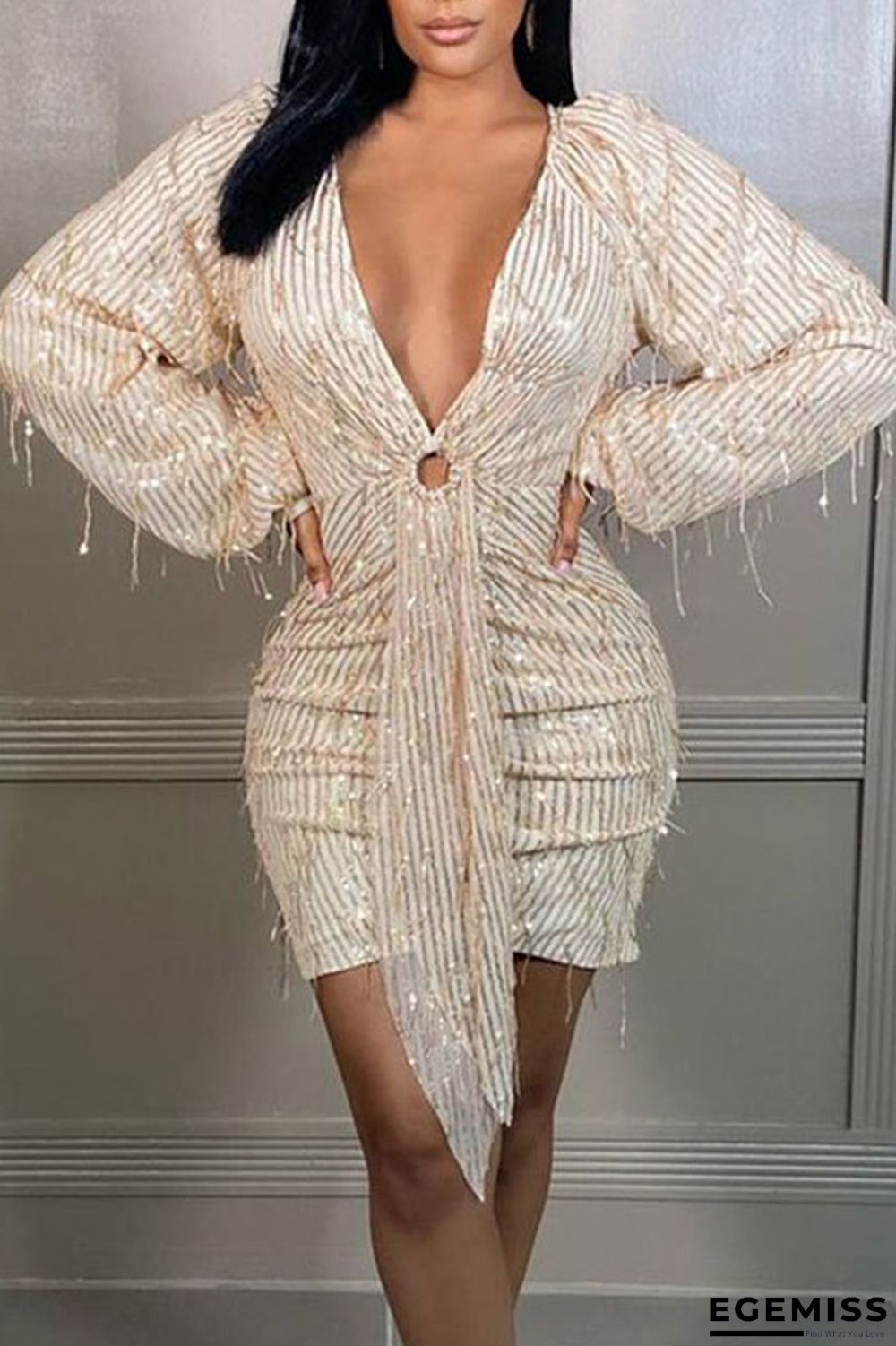 Apricot Elegant Solid Patchwork Fold Sequins V Neck Pencil Skirt Dresses | EGEMISS