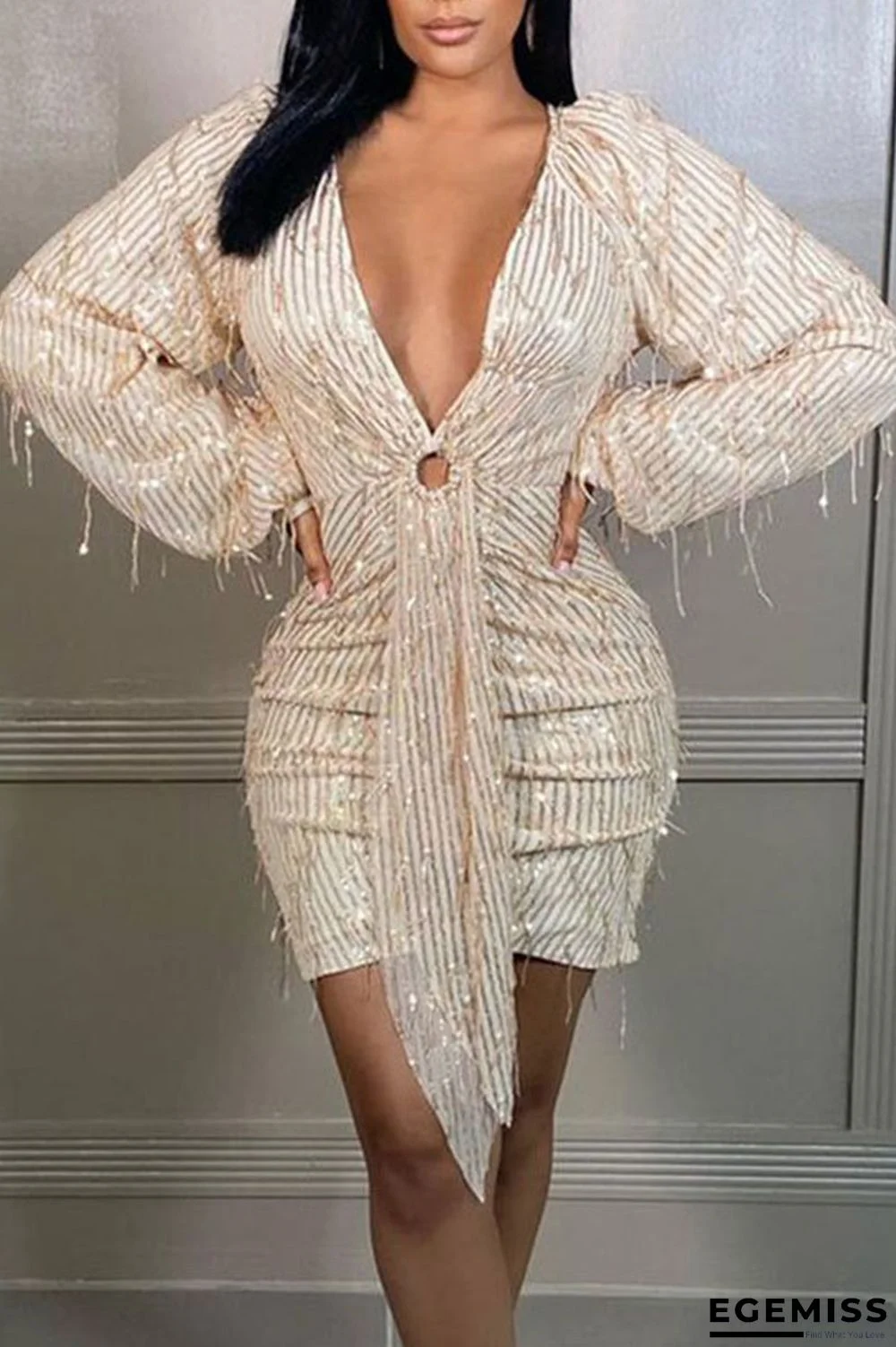 Apricot Elegant Solid Patchwork Fold Sequins V Neck Pencil Skirt Dresses | EGEMISS