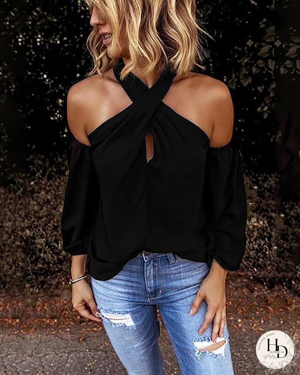 Women Fashion Blouse Halter Solid Color Shirt Casual Off Shoulder Plus Size Blouse