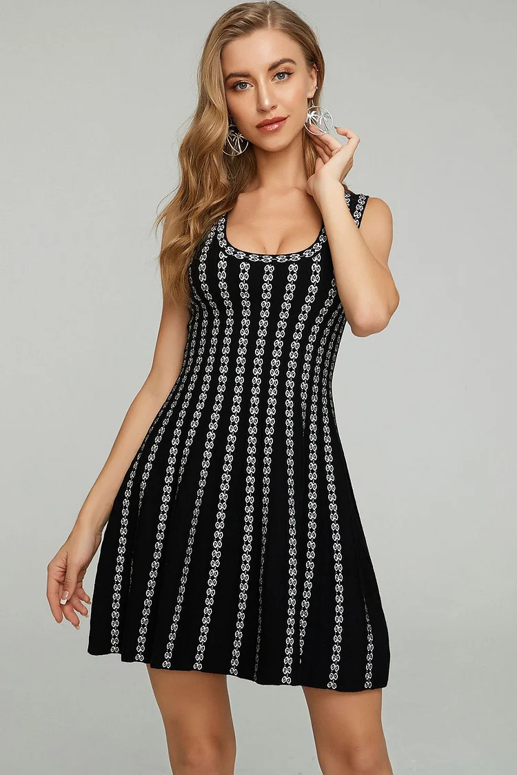 U Neck Sleeveless Striped Jacquard Mini Dress-Black