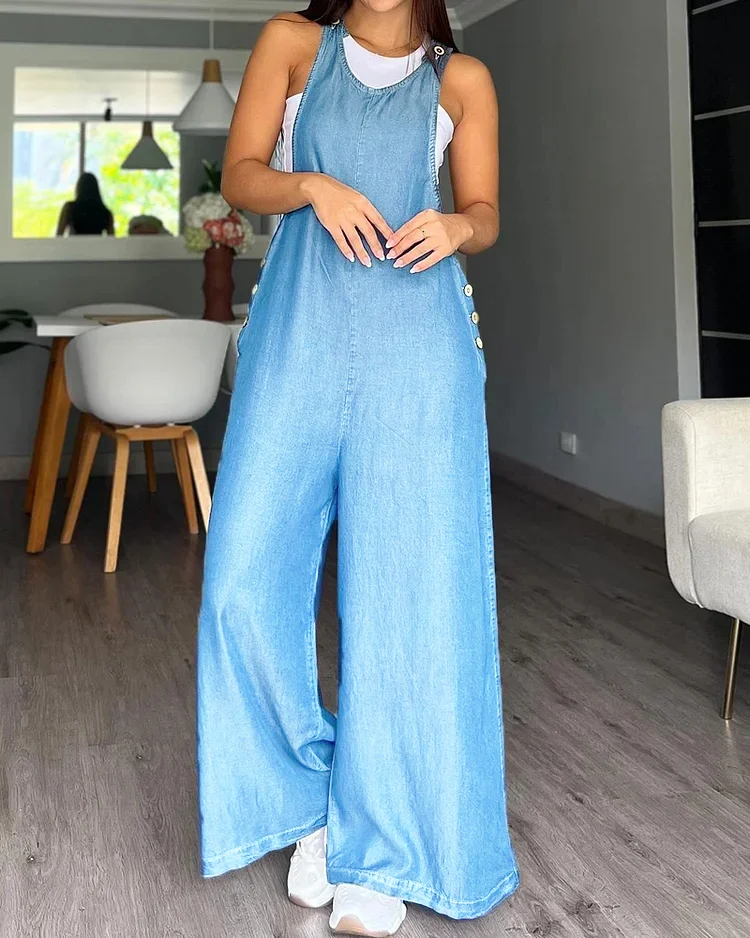 Sleeveless solid color loose faux denim jumpsuit two-piece set