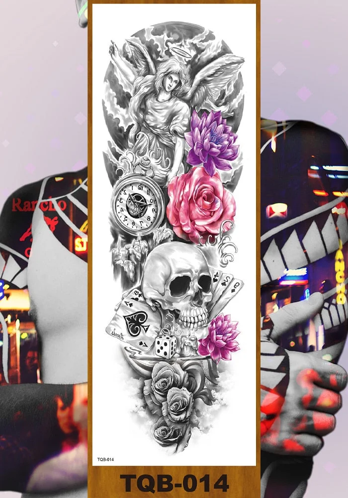 Full Flower Arm Temporary Tattoo Sticker Man Woman Body Leg Fake Tatoo Skull Night Demon Grim Reaper Good and Evil Waterproof