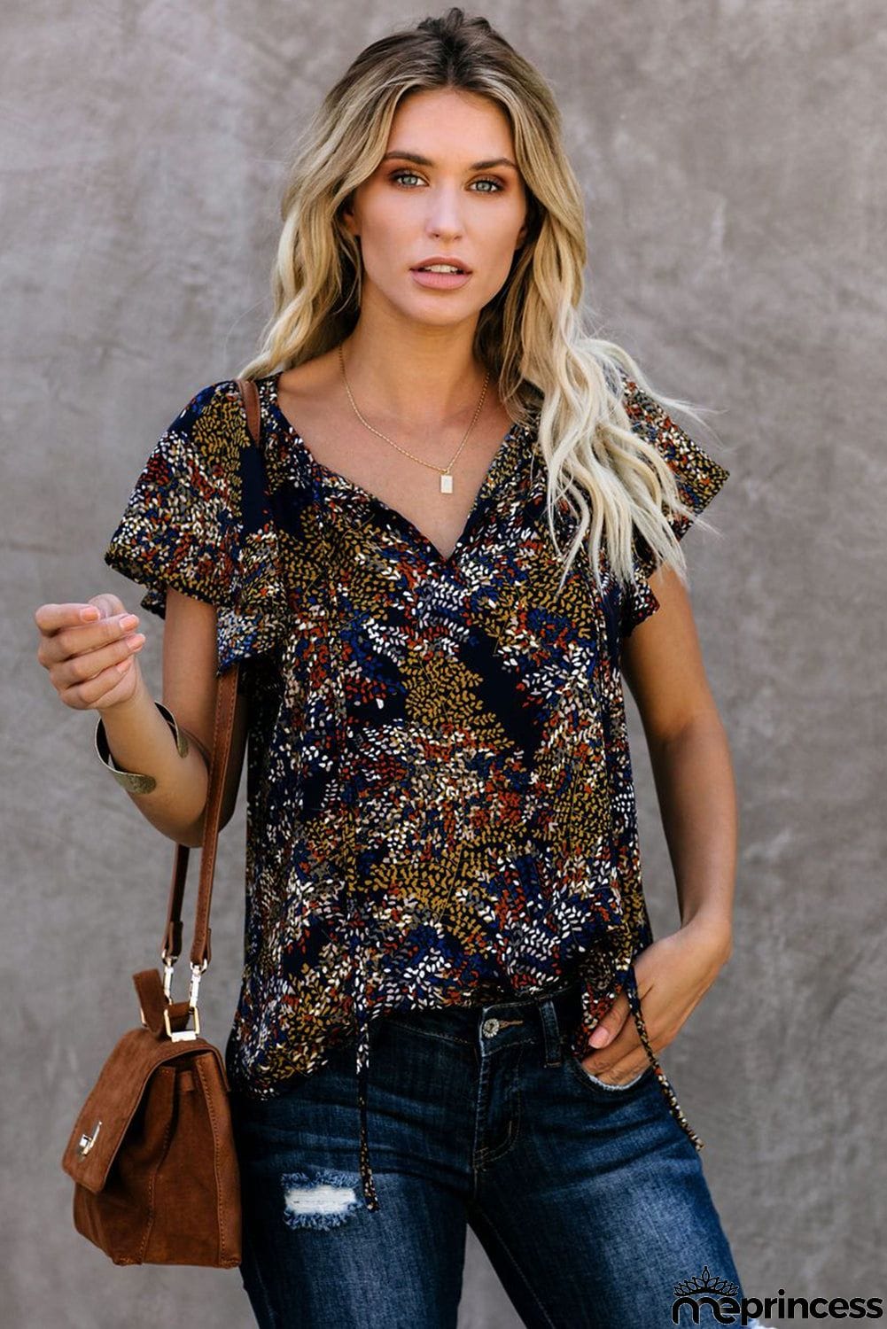 V-neck Short Sleeve Fashion Print Fantasy Fluttering Blouse