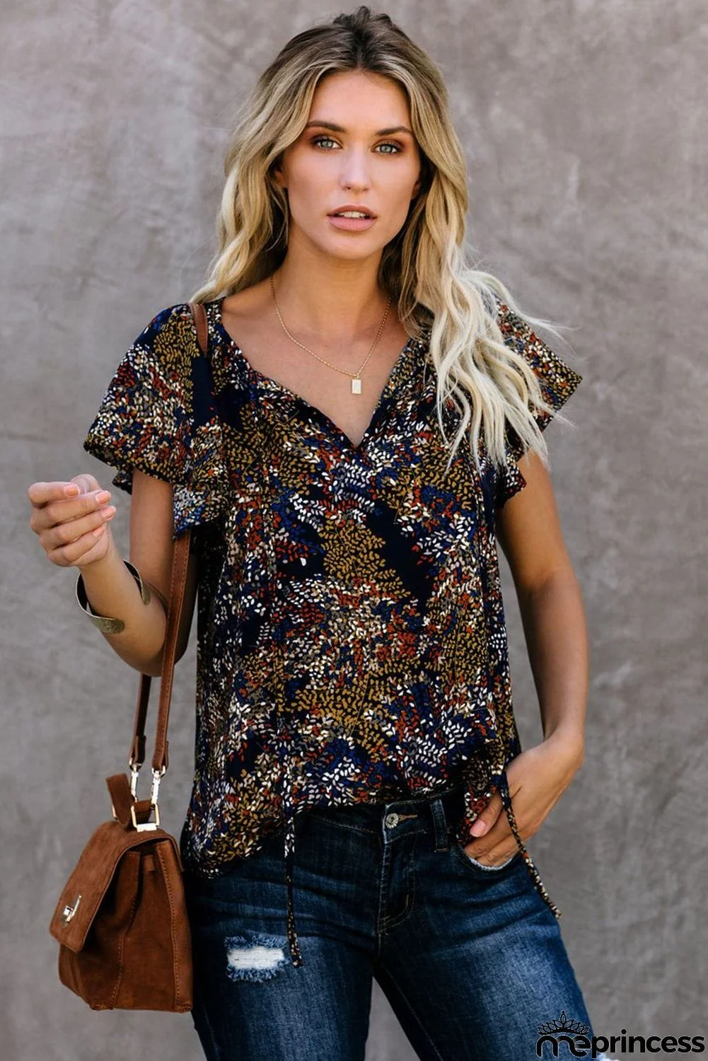 V-neck Short Sleeve Fashion Print Fantasy Fluttering Blouse