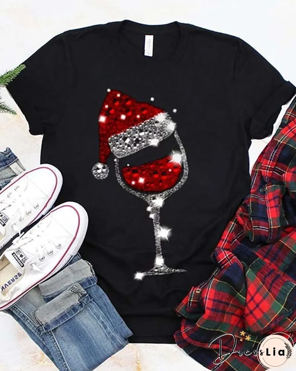 Christmas Short Sleeve Wineglass Hat Print T-Shirt P10836