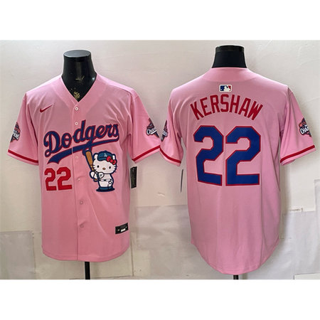 Youth Los Angeles Dodgers #22 Clayton Kershaw Pink Hello Kitty Night 2025 World Series Champions Patch Stitched Baseball Jersey