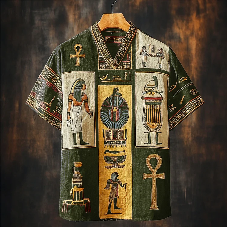 Ankh Ancient Egyptian Embroidered Colorblock Linen Shirt