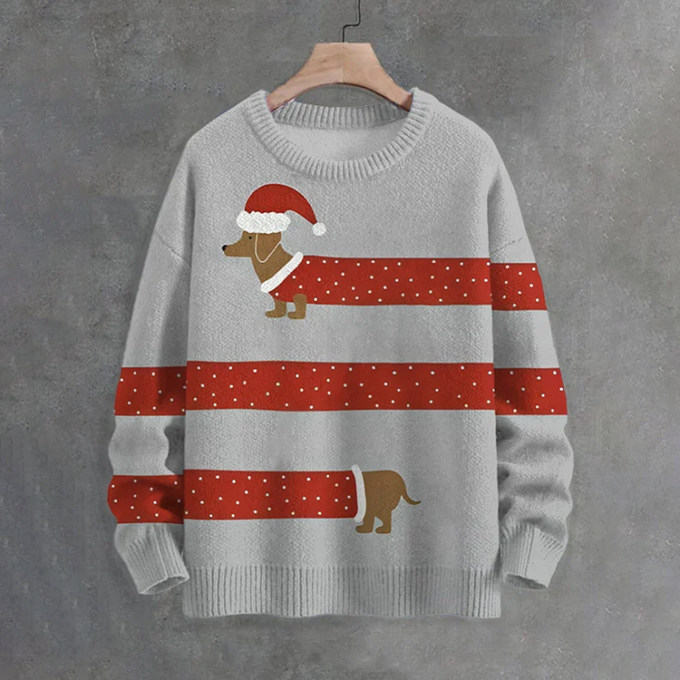Men's Funny Dachshund With Christmas Suit Art Print Casual Knit Crew Neck Sweater