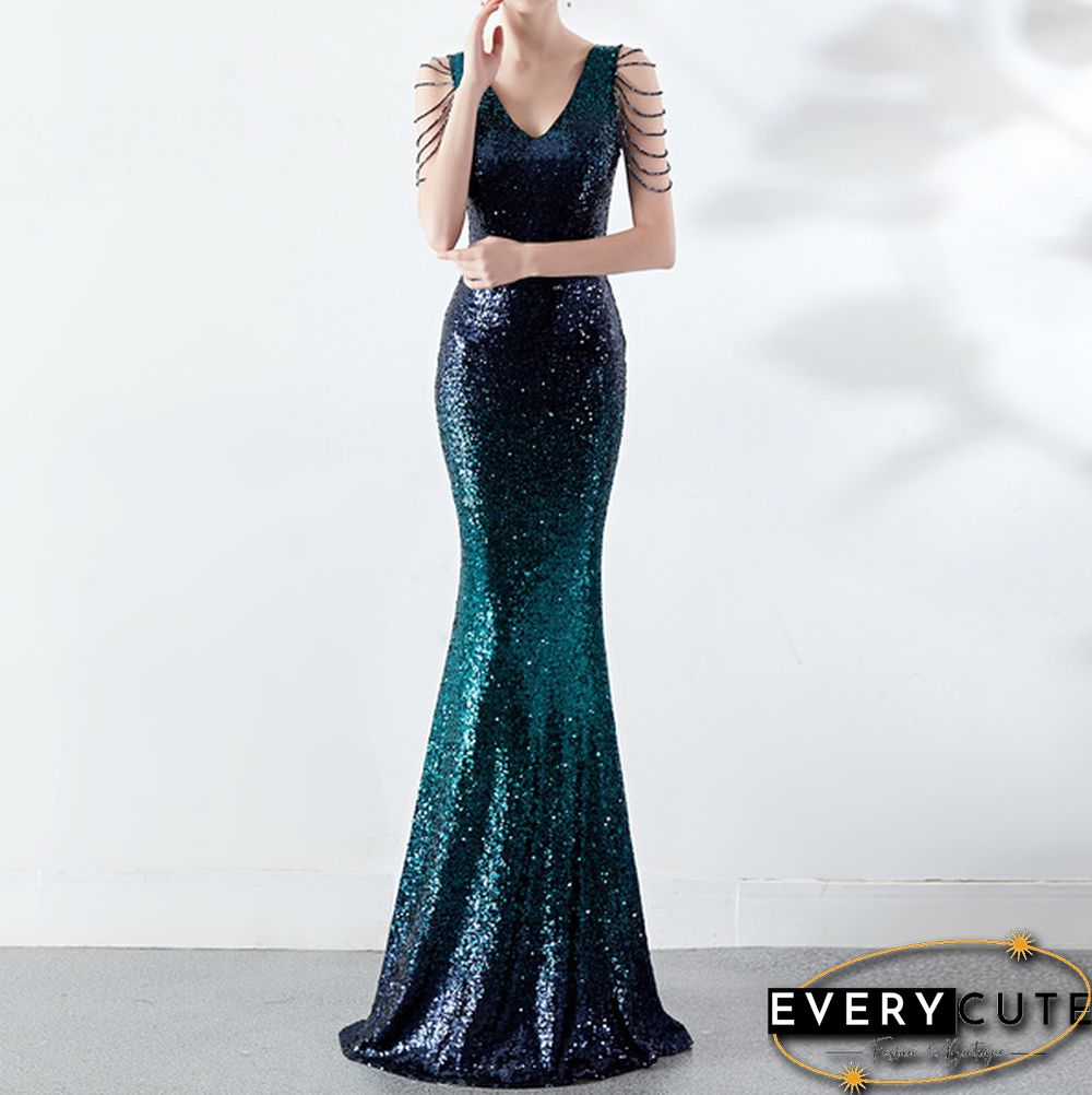 6 Colors Sexy Sequined Evening Party Gowns Women's Deep V Neck Floor-length Cocktail Dress Slim Mermaid Prom Dresses