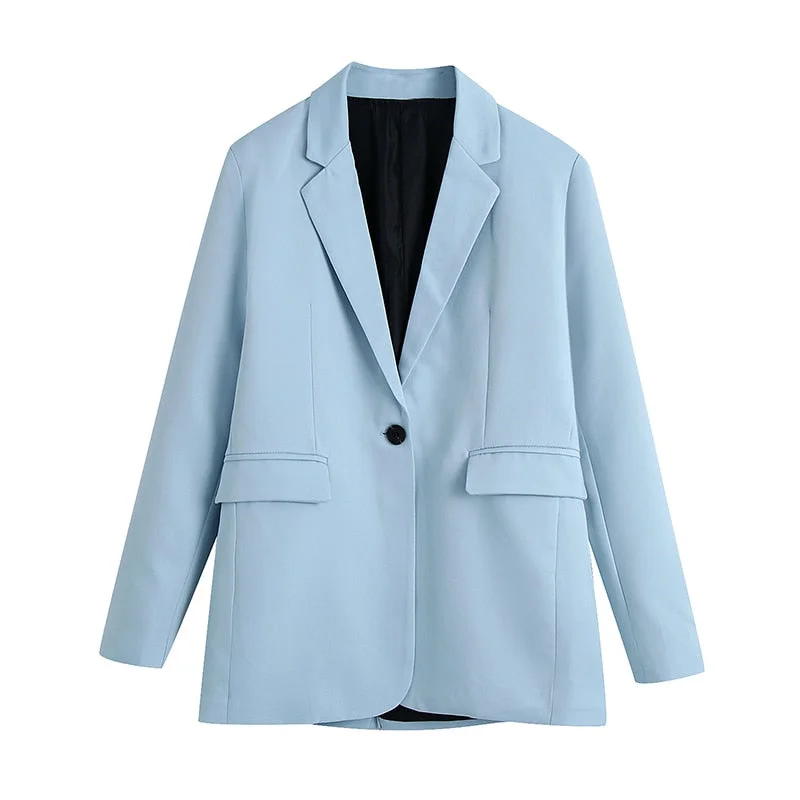 TRAF Women Fashion Office Wear Single Button Blazer Coat Vintage Long Sleeve Back Vents Female Outerwear Chic Veste