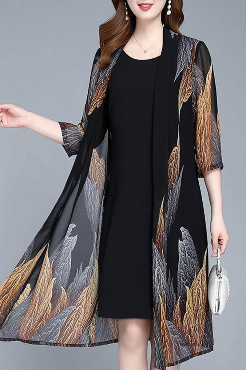 Plus Size Print 3/4 Sleeve Two Pieces Midi Dress
