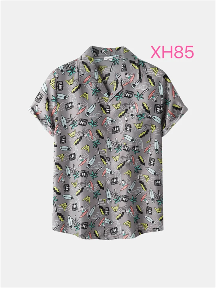 Men's Casual Vacation New Hawaiian Style Fresh Colorblocking Printed Lapel Short Sleeve Slim Shirt Cardigan-Cosfine