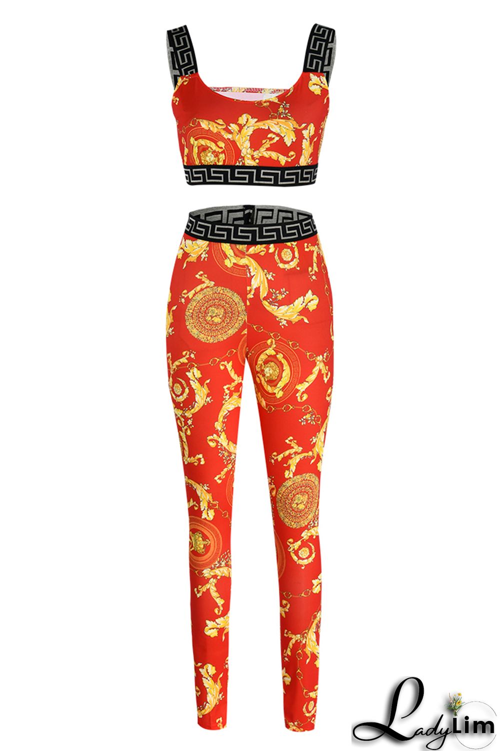 Red Fashion Casual Print Patchwork Backless O Neck Sleeveless Two Pieces