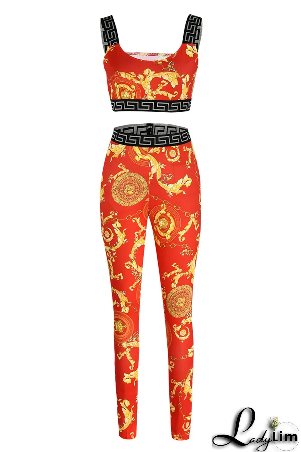 Red Fashion Casual Print Patchwork Backless O Neck Sleeveless Two Pieces