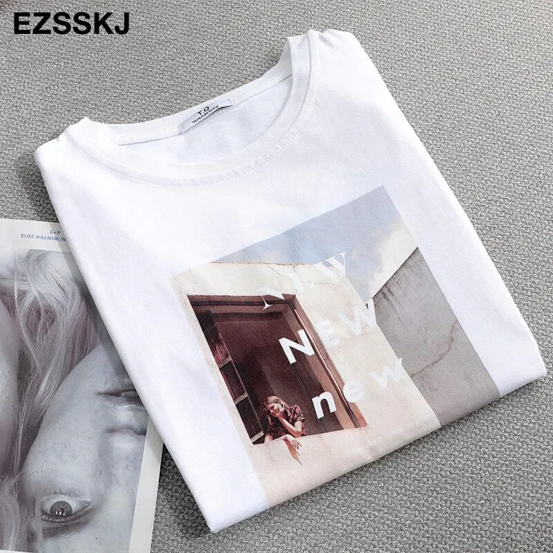 Pure cotton t-shirt women's summer ins short-sleeved 2021 new sanding bottoming shirt  loose printed t-shirt top