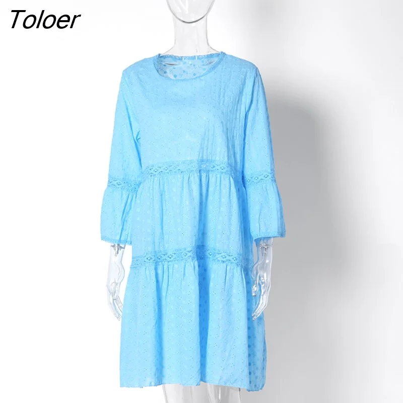 Toloer 2023 New Women Elegant Embroidered Lace Dress White Female Splicing Dress Floral Hollow Out Loose Casual Party Vestidos