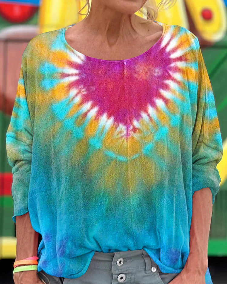 Heart Tie-Dye Print Loose Round Neck Women's Long Sleeve T-Shirt