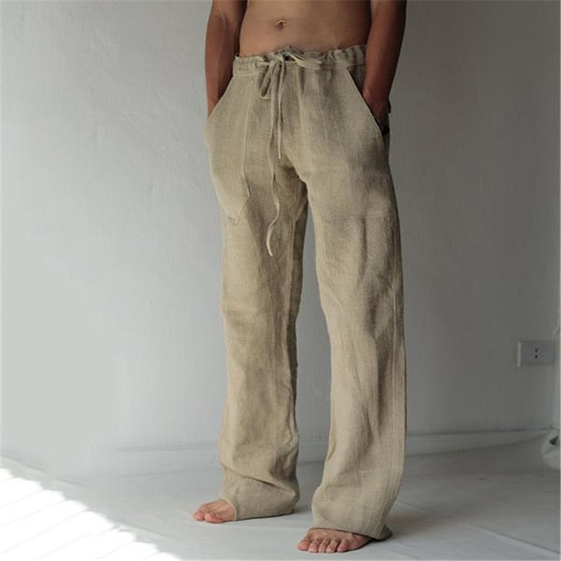 Solid Color Loose Drawstring Elastic Waist  Linen Straight Pants Long Pants