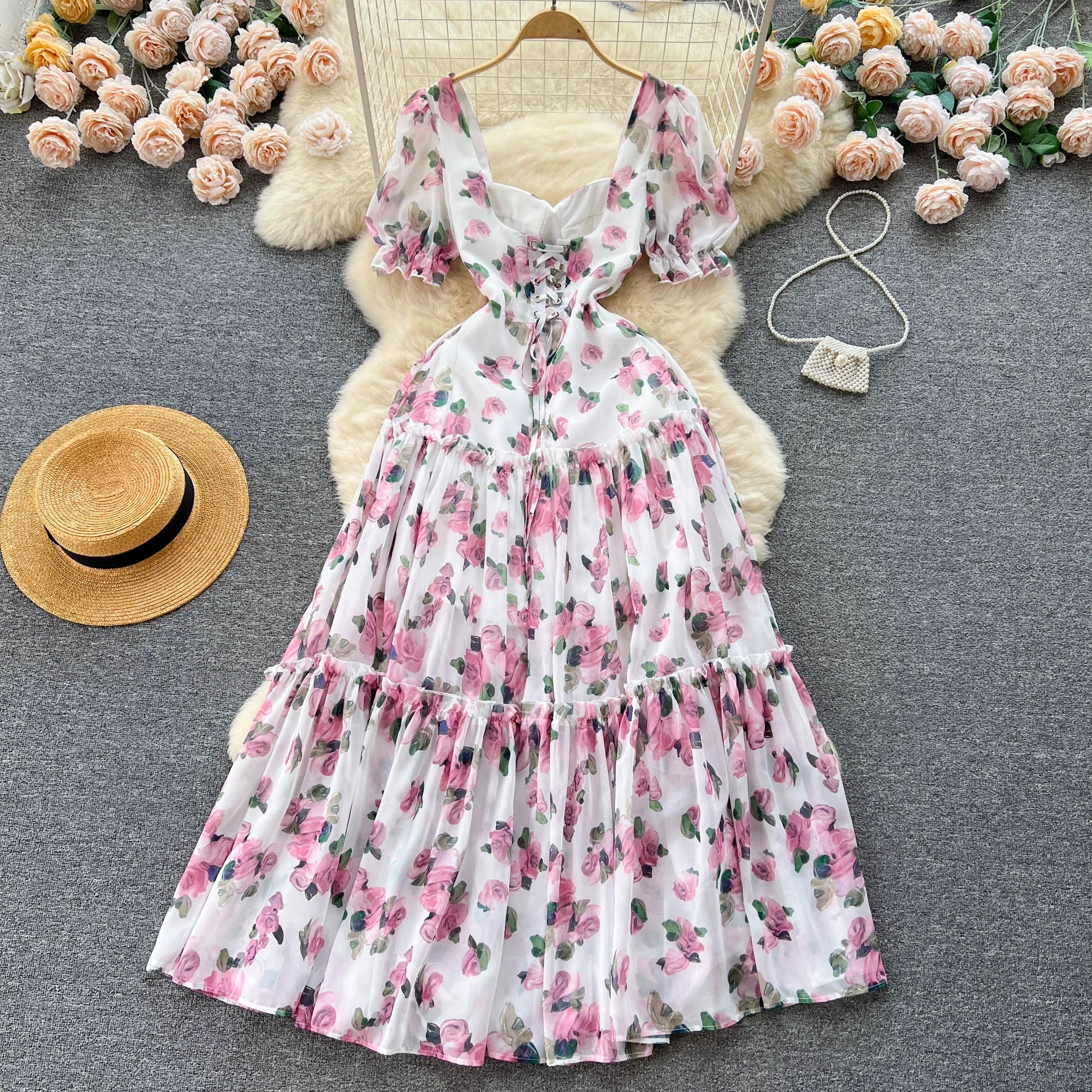 Aiertu  Beach Vacation Floral Print Dress Women Backless Lace Up Cross Bandage Ruched Korean Hotsweet Fashion Party Long Dress Aiertu