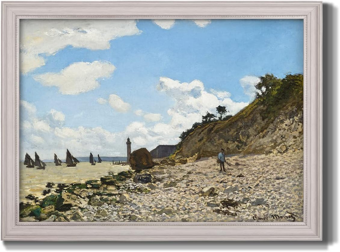 Renditions Gallery Canvas Wall Art White Framed Nature Paintings Cloudy Sky Sandy Beach by Claude Monet Modern Decorations Prints for Bedroom Dining Living Room Office Home Kitchen Wall Hanging - 24 inch x36 inch  24X36
