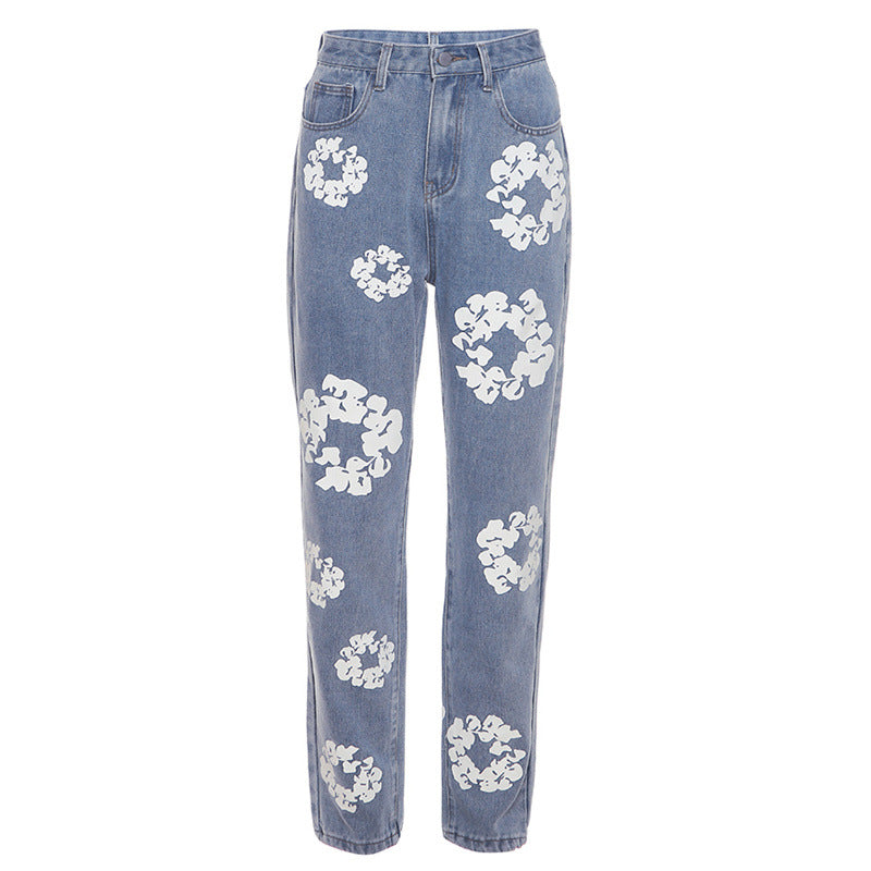 Autumn Winter Women Clothing Street Daisy Printed High Waist Straight Slim Jeans