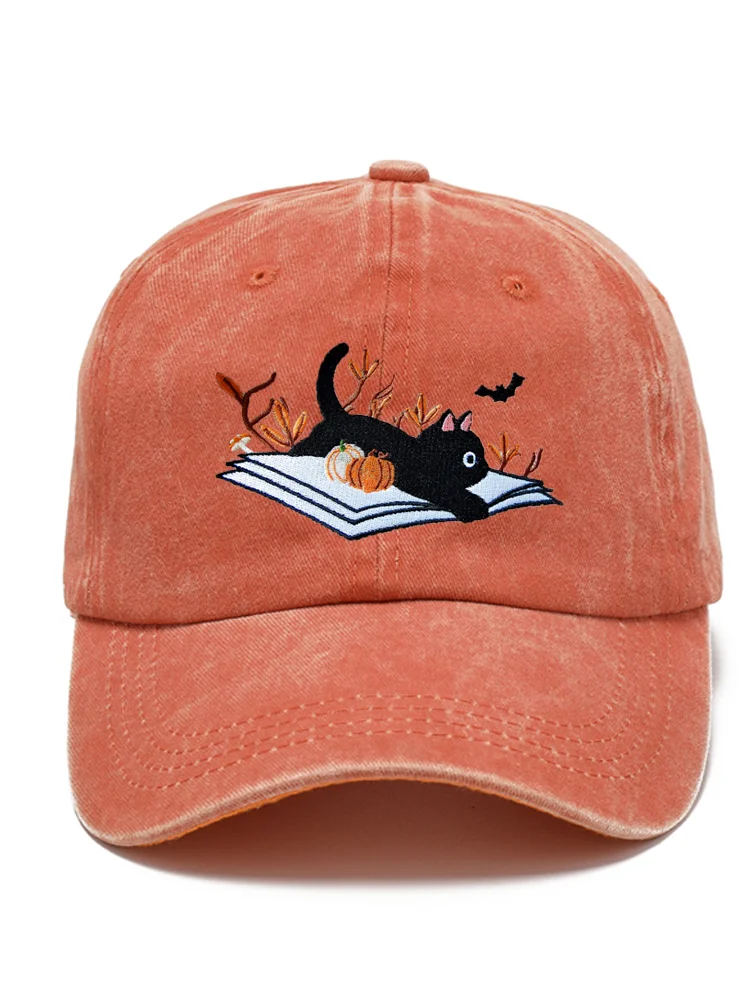 VChics Halloween Black Cat & Pumpkin Embroidered Print Hat