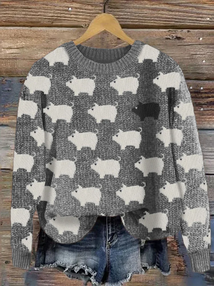 VChics Vintage Pigs Pattern Cozy Knit Sweater