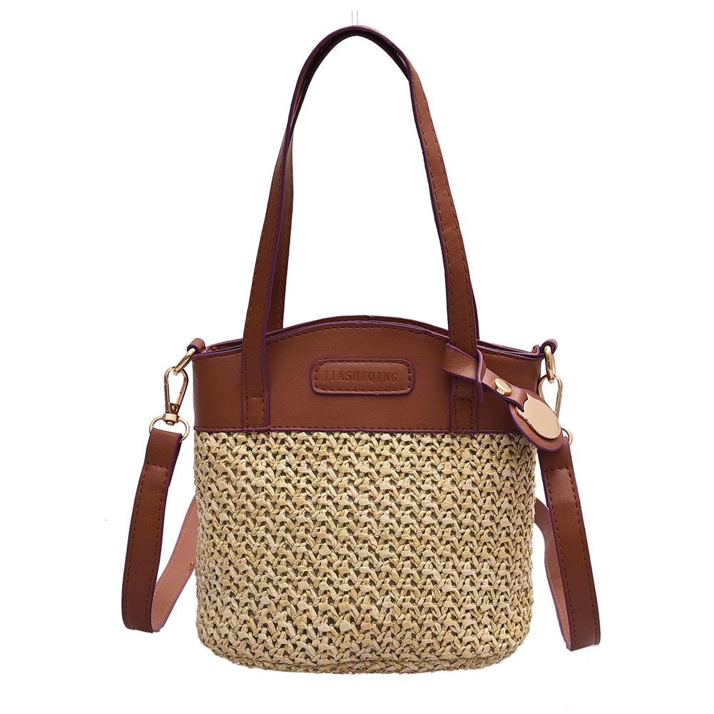 

Portable Women Straw Knit Shoulder Bag PU Splicing Holiday Totes Handbag, 501 Original