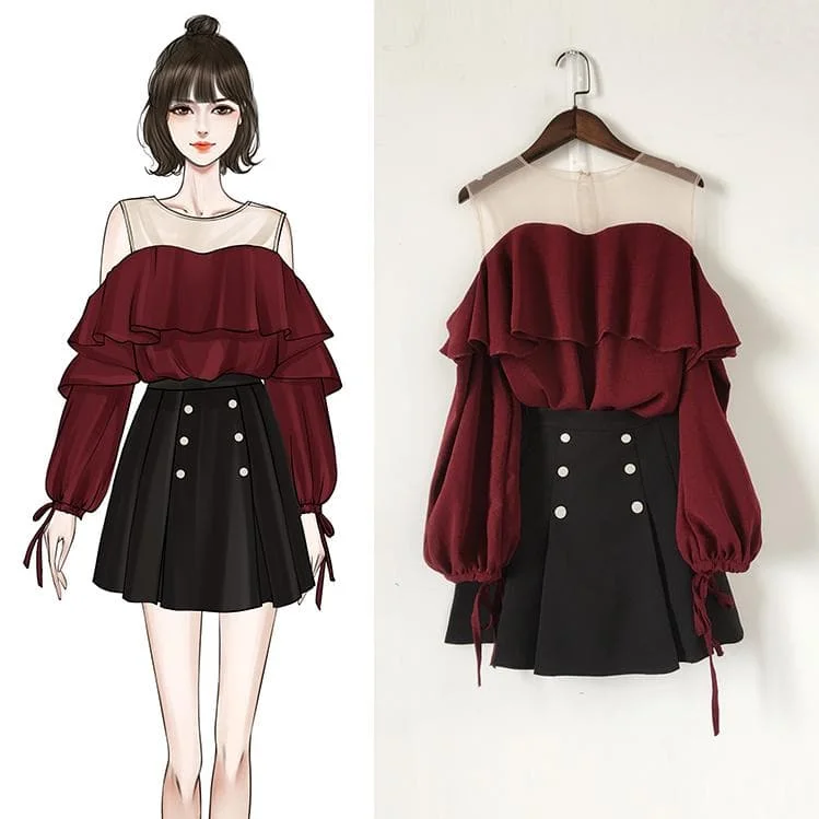 Wine Black Falbala Off-Shoulder Shirt/Skirt Set SP14036