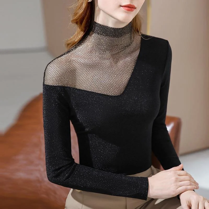 New Spring Autumn Women Tshirts Turtleneck Long Sleeve Size Oblique shoulder Spliced Mesh Tops Fall Womens Clothing Fashion