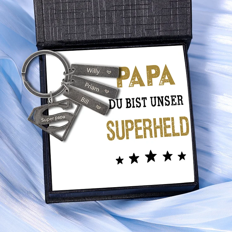 Kettenmachen Personalisierbare 3 Namen & 1 Text Supermann Vintage Schlüsselanhänger-Papa, du bist unser Superheld-Geschenk mit Nachrichtenkarte