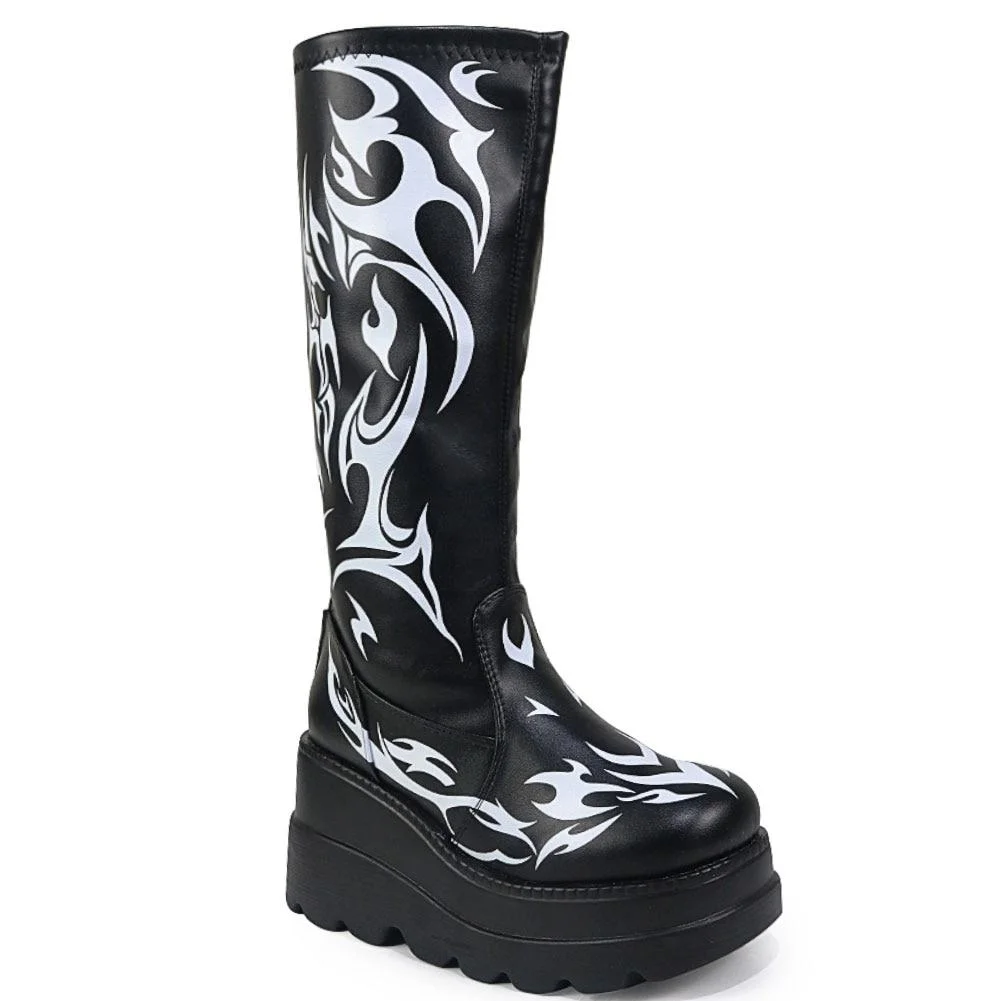 2021 Big Size 43 Gothic Style Black Wedges High Heels Platform Trendy Cool Autumn Winter Motorcycles Boots Shoes Women Footwear 1103-1