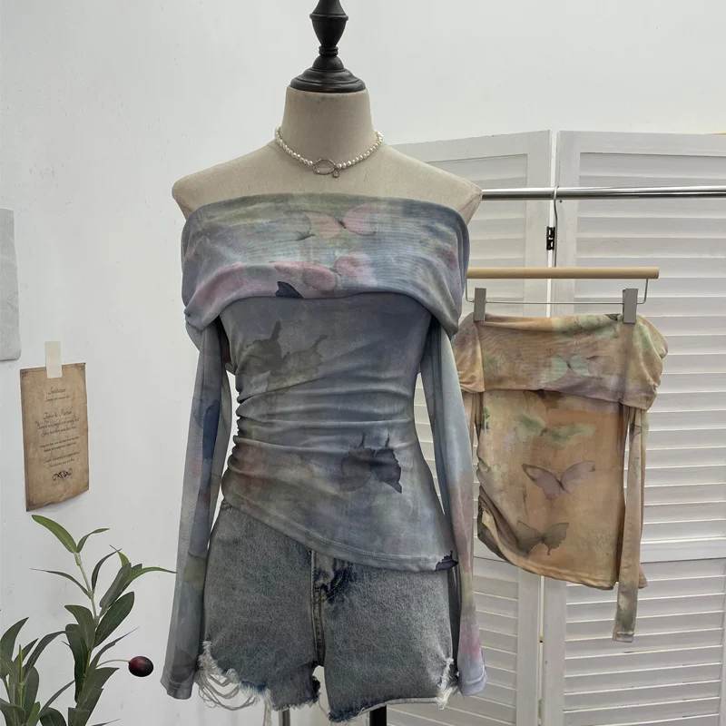 Uveng Real Shooting Design Dizzling A Word On The Shoulder Of The Women's Net Exposed Shoulder Long Sleeves Irregularly Folded Short T-Shirt 1198