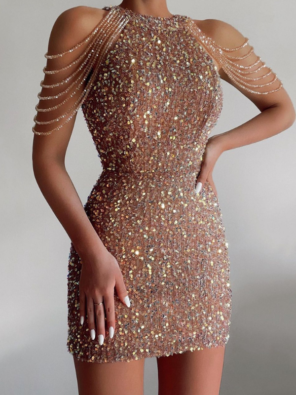 Sexy Halter Bodycon Fringed Crew Neck Sequins Dress