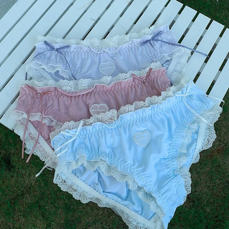 Billionm Desire Japanese Love Lace Underwear Girl Pure Cotton File Cute Sexy Ribbon Mid-waist Briefs Lolita Bow New Breathable Nylon