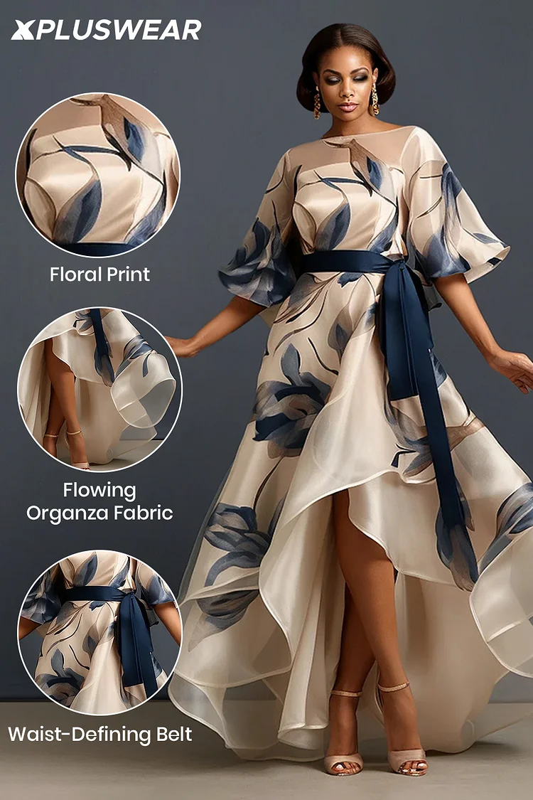 Xpluswear Design Plus Size Formal Beige Floral Round Neck Xpluswear Design Plus Size Formal Beige Floral Round Neck