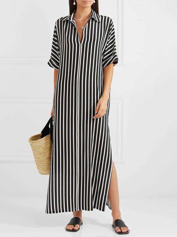Loose Lapel Striped Single-breasted Maxi Dress
