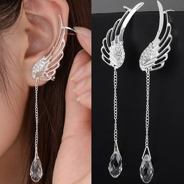 1 Pair Silver Angel Wing Stylist Crystal Earrings Drop Dangle Long Crystal Tassel Earrings Earrings Angel Wings Ear Studs Earrings