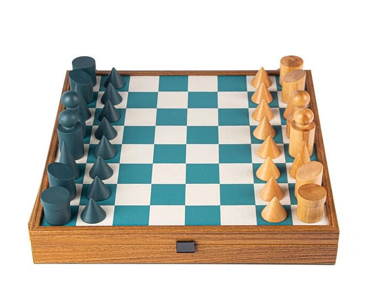 Geometric Style Chessmen on Turquoise Leatherette Board - 15.75"
