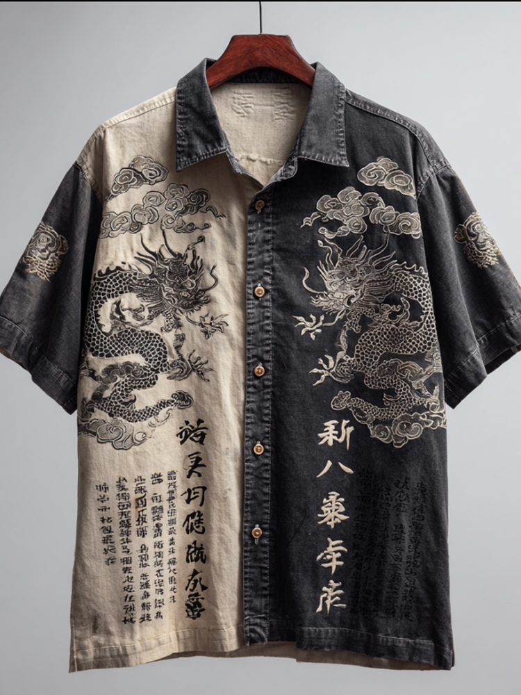 Japanese-style Dragon Pattern Art Short-sleeve Spliced Linen Blend Shirt elevenforest