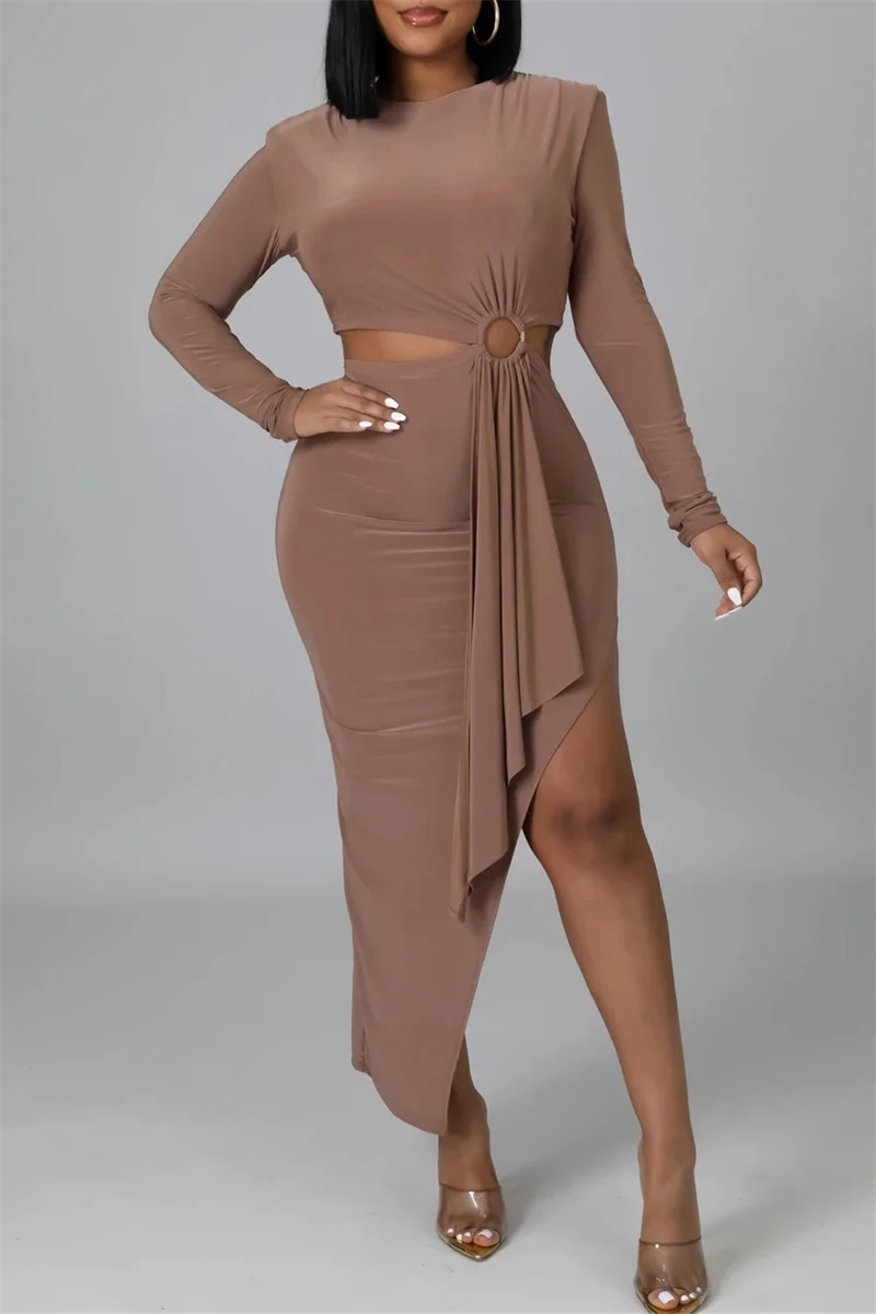 Red Bean Powder Fashion Casual Solid Hollowed Out O Neck Long Sleeve Irregular Dress | EGEMISS