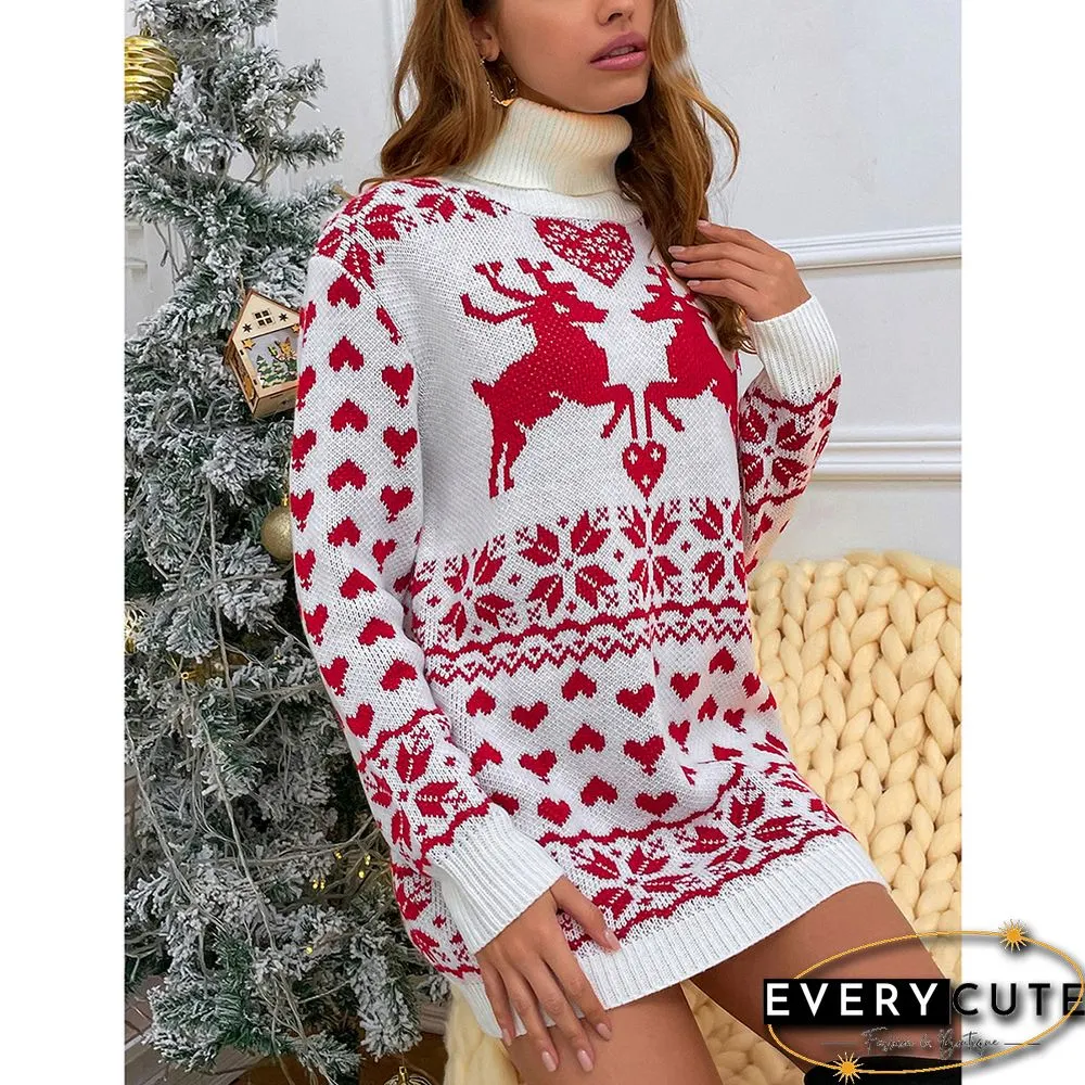 Red High Collar Elk Heart Sweater Dress