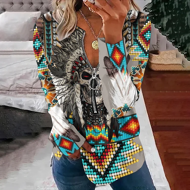 Western Tribal Skull Printed Zip Up V Neck Sweatshirt