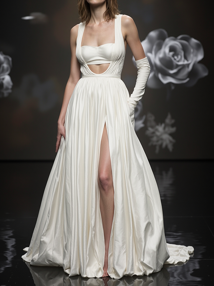  White Slit train Dress Two Piece Set