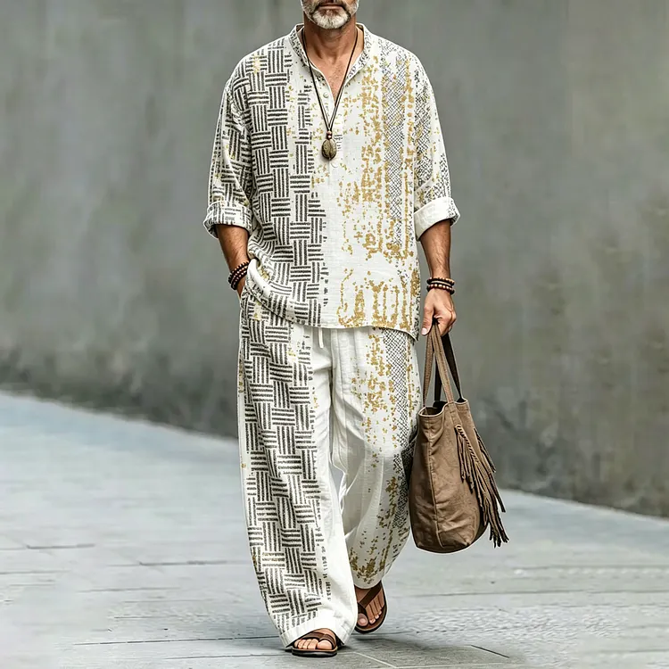 Men's Geometric Art Print Shirt And Pants Two Piece Set