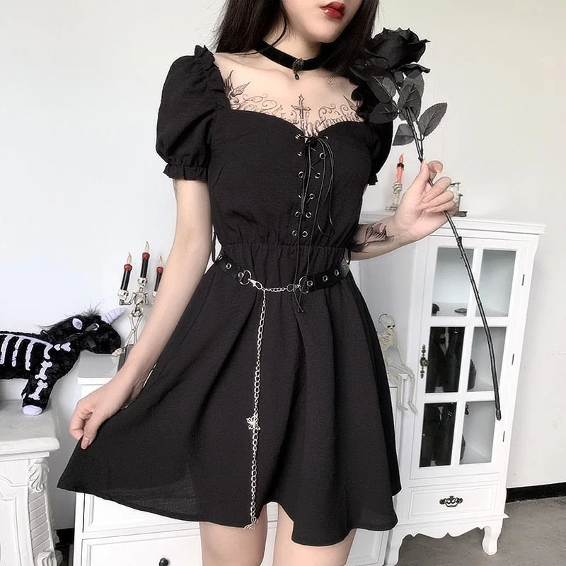 InsGoth Harajuku Punk Black Mini Dress Gothic Streetwear Bandage Patchwork V-neck Vintage Female Dress Puff Sleeve Lady Dress