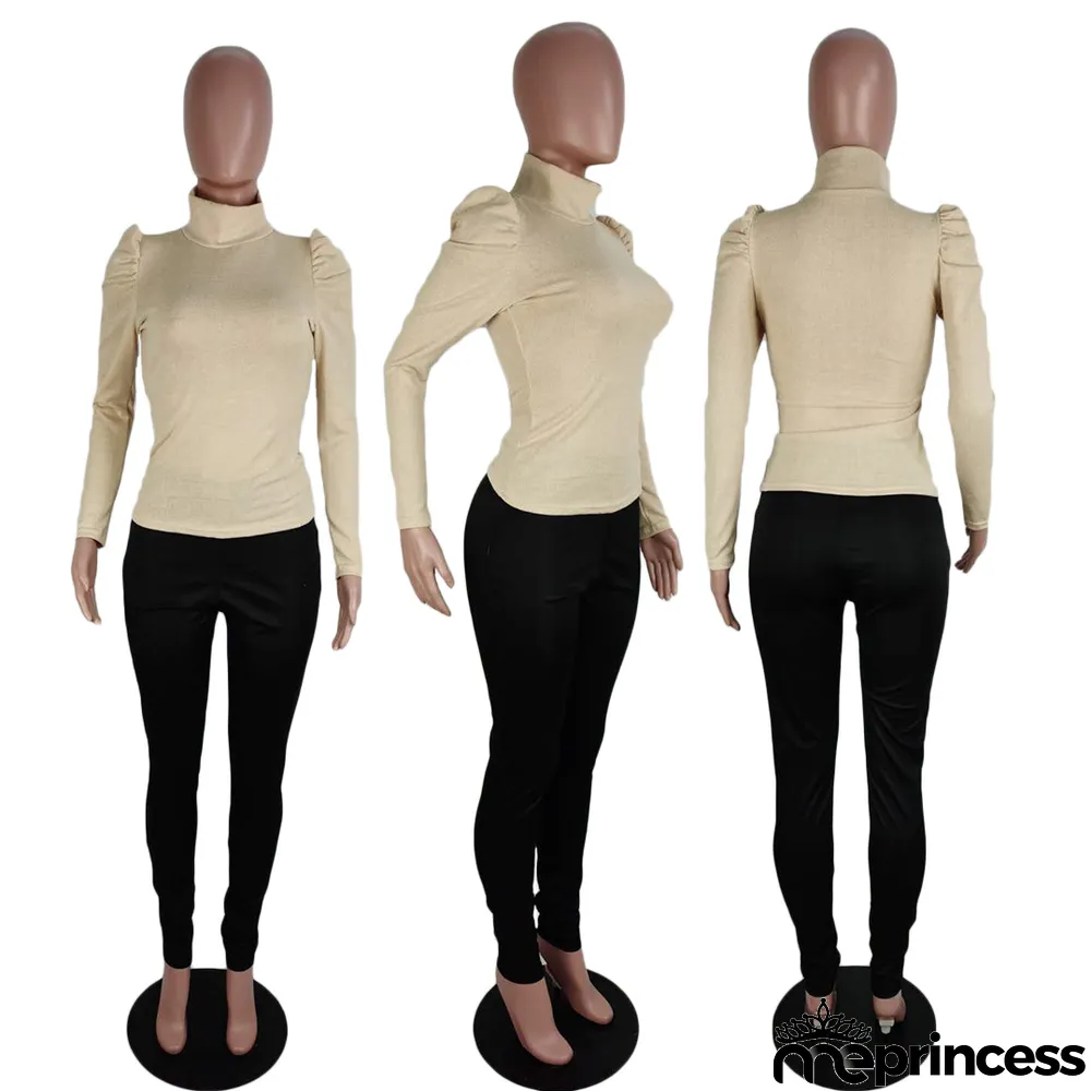 Solid Turtleneck Knitted Long Sleeve Slim Tops